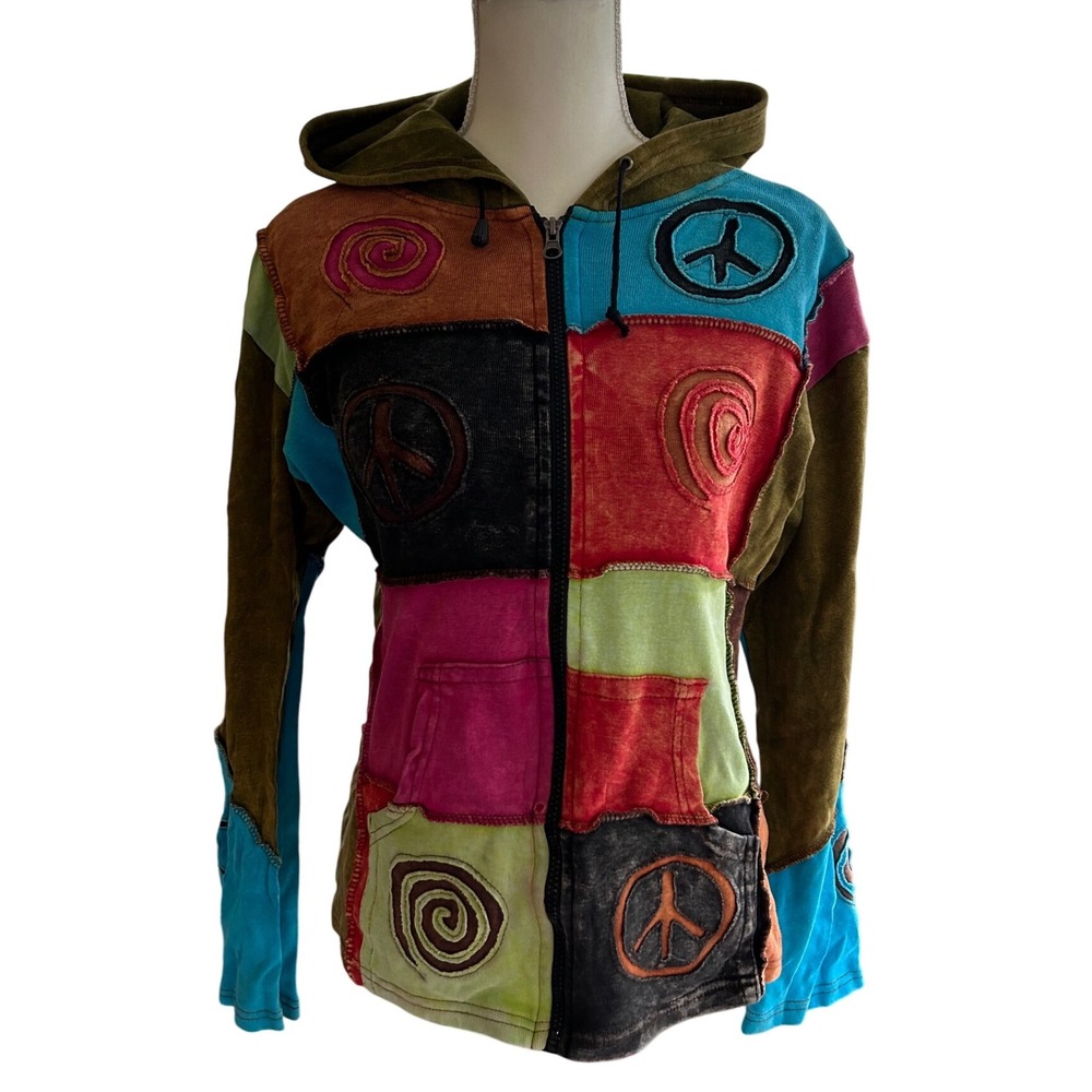 KPC‎ Patchwork Hoodie Peace Sign Festival Hippie Jacket Colorful Boho Coat